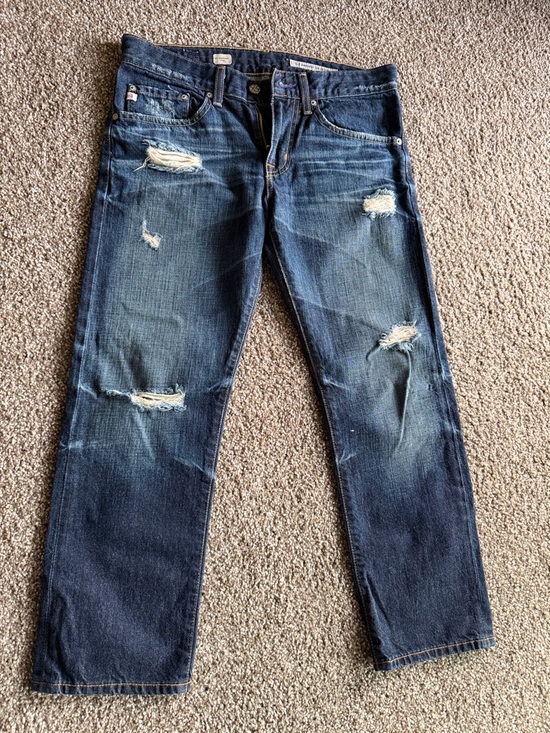 Ag Adriano Goldschmied Denim - Women’s Distressed Dark Blue Jeans - ex-Boyfriend Crop